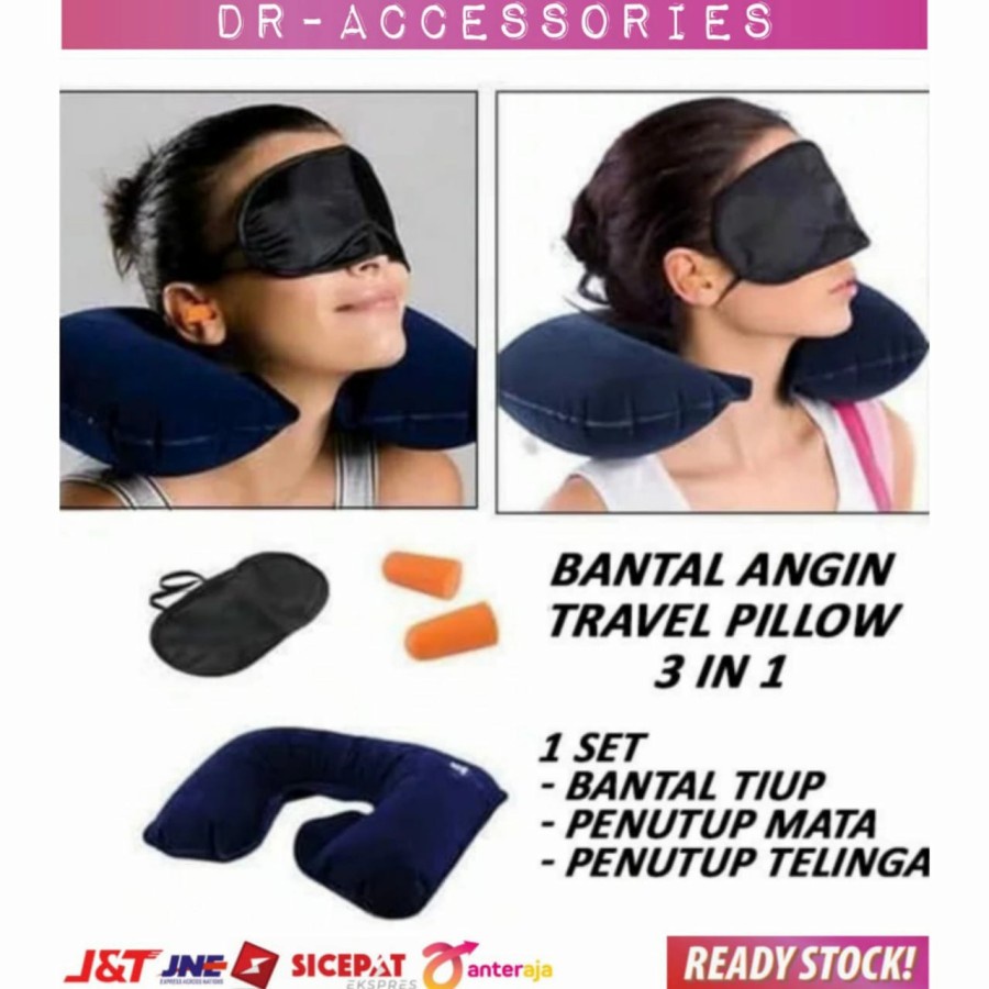 Bantal Angin Leher 3 in 1 untuk Travel - Bantal Leher + Penutup Telinga &amp; Mata` Camping Neck Pillow Set