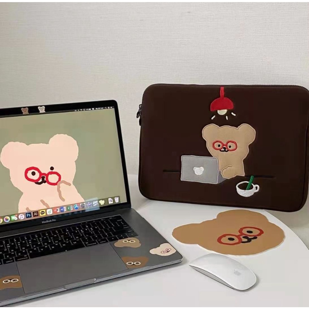 Sleeve Pouch Sarung Tas Bag Case Ipad Tab Tablet Macbook Air Pro Laptop Asus Acer Lenovo HP Huawei 11 12 13 14 15 inch Motif Gambar Beruang Bear Warna Coklat Lucu Cute Murah Korean Model