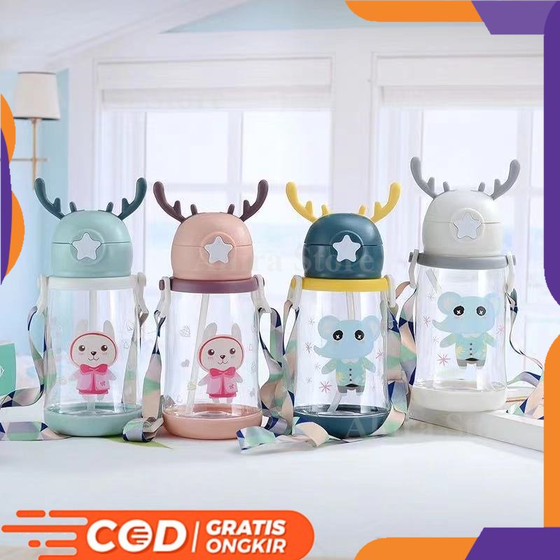 Botol Minum Rusa Lucu Botol Minum Anak Kepala Tanduk Rusa 600ml + Tali - Botol Minum Anak Motif