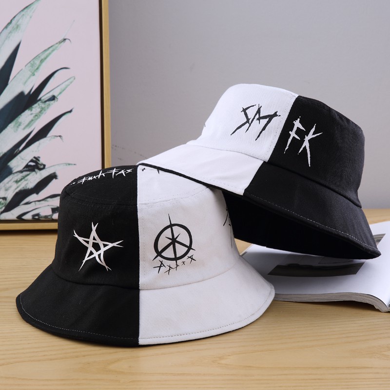 Topi bucket Motif graffiti Warna Hitam Dan Putih Gaya hip hop Korea Untuk unisex