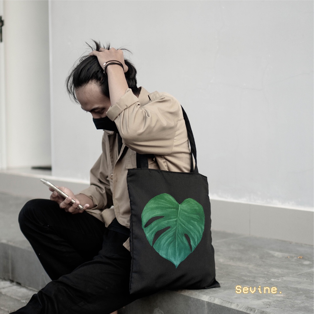 Sevine Tas Totebag Wanita Tote bag Resleting Laptop Girl Tropical Leaf Black Series - TRP1