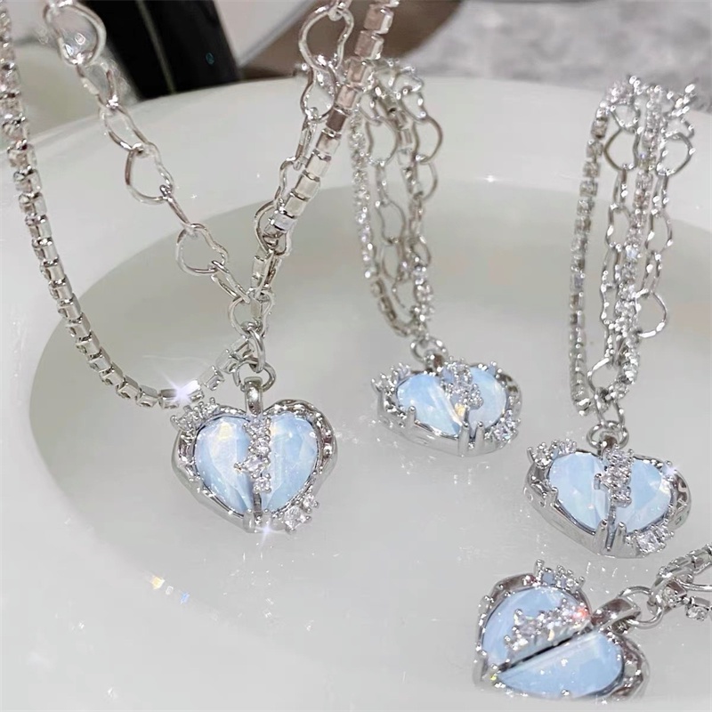Kalung Multilayer Bentuk Hati Aksen zircon Gaya Korea Untuk Wanita