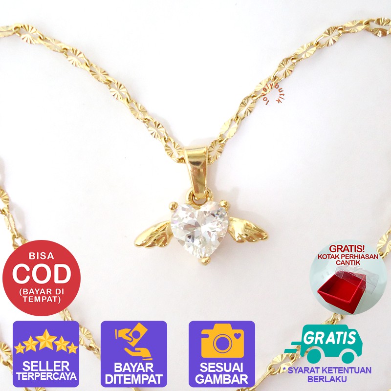 Lovelybutik Kalung Titanium Anti Karat Luci4 Kalung Wanita + Liontin Love W1ng Cristal BONUS KOTAK