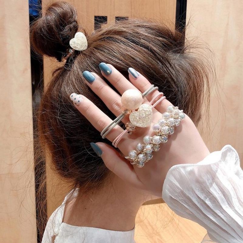 3 Pcs Ikat Rambut Karet Elastis Hias Crystal+Mutiara Elegan Gaya Korea untuk Wanita