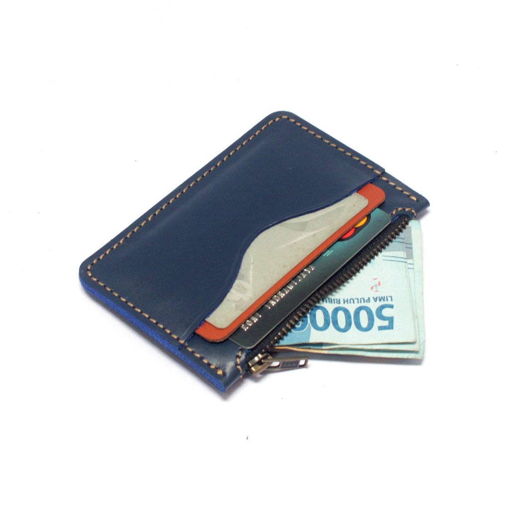 dompet kartu zipper resleting kulit asli biru tan - PHWL686