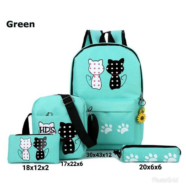 Fashion backpack motif cat polka TOKE /fashion ransel satu set murah