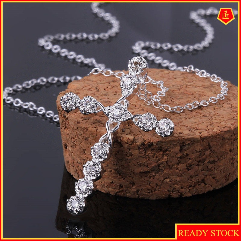 [Ready Stock]Fashion Inlaid Crystal Cross Pendant Silver Plated Necklace