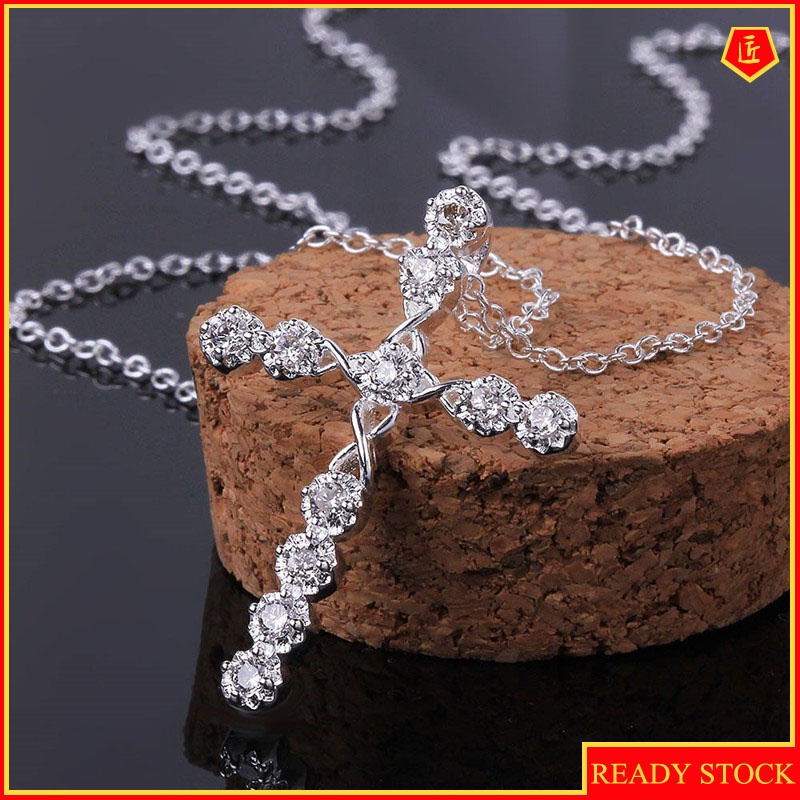 [Ready Stock]Fashion Inlaid Crystal Cross Pendant Silver Plated Necklace