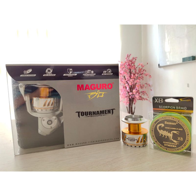 Paket Murah Reel Maguro Tournament 8000PG FREE Senar PE dan Kaos Mancing