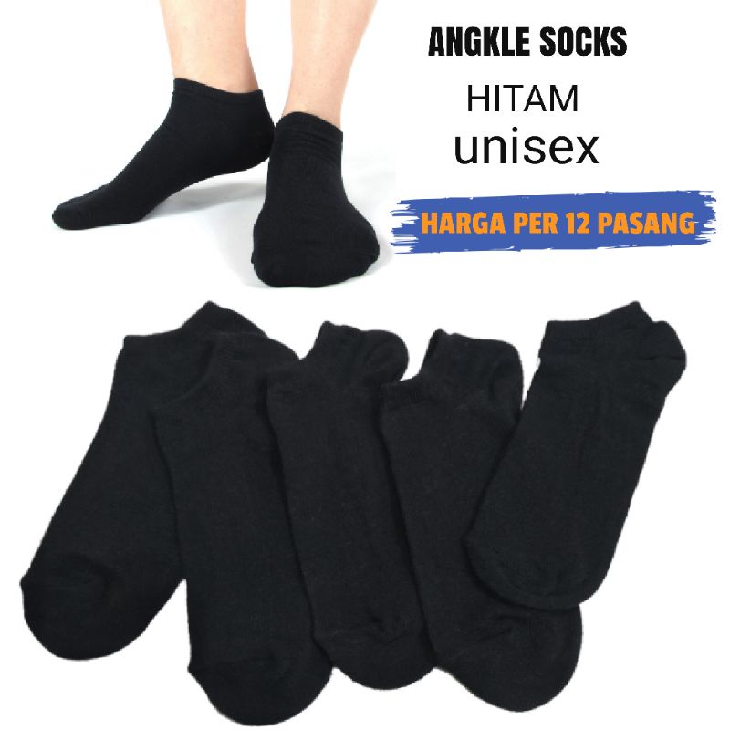 TOKO KL | (12 pasang) kaos kaki pendek mata kaki hitam polos ankle socks pria wanita dewasa unisex murah