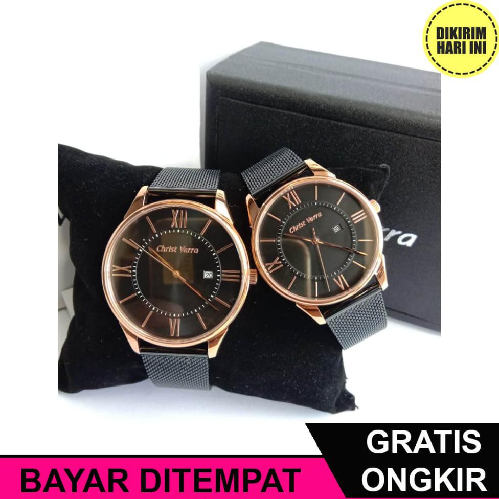 (BAYAR DITEMPAT) OE4493 JAM TANGAN CHRIST VERRA CV71151-48 COUPLE ROSEGOLD BLACK ORIGINAL