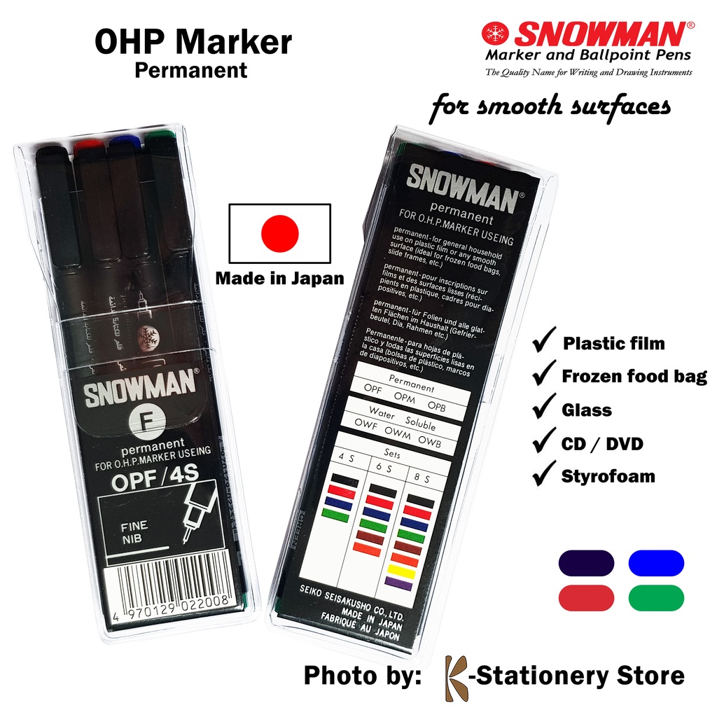 

Snowman Spidol OHP Permanent Set – 4 colours – MEDIUM or FINE size – untuk Plastik, Kaca, Styrofoam, Overhead Projector, dll. – Spidol Jepang