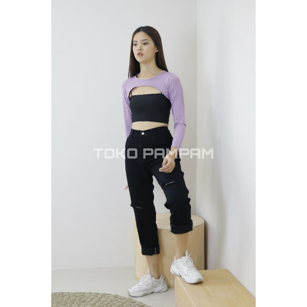 Boyfriend Jeans Black / Hitam Highwaist Custom Ripped Sobek Dua Lutut Bigsize