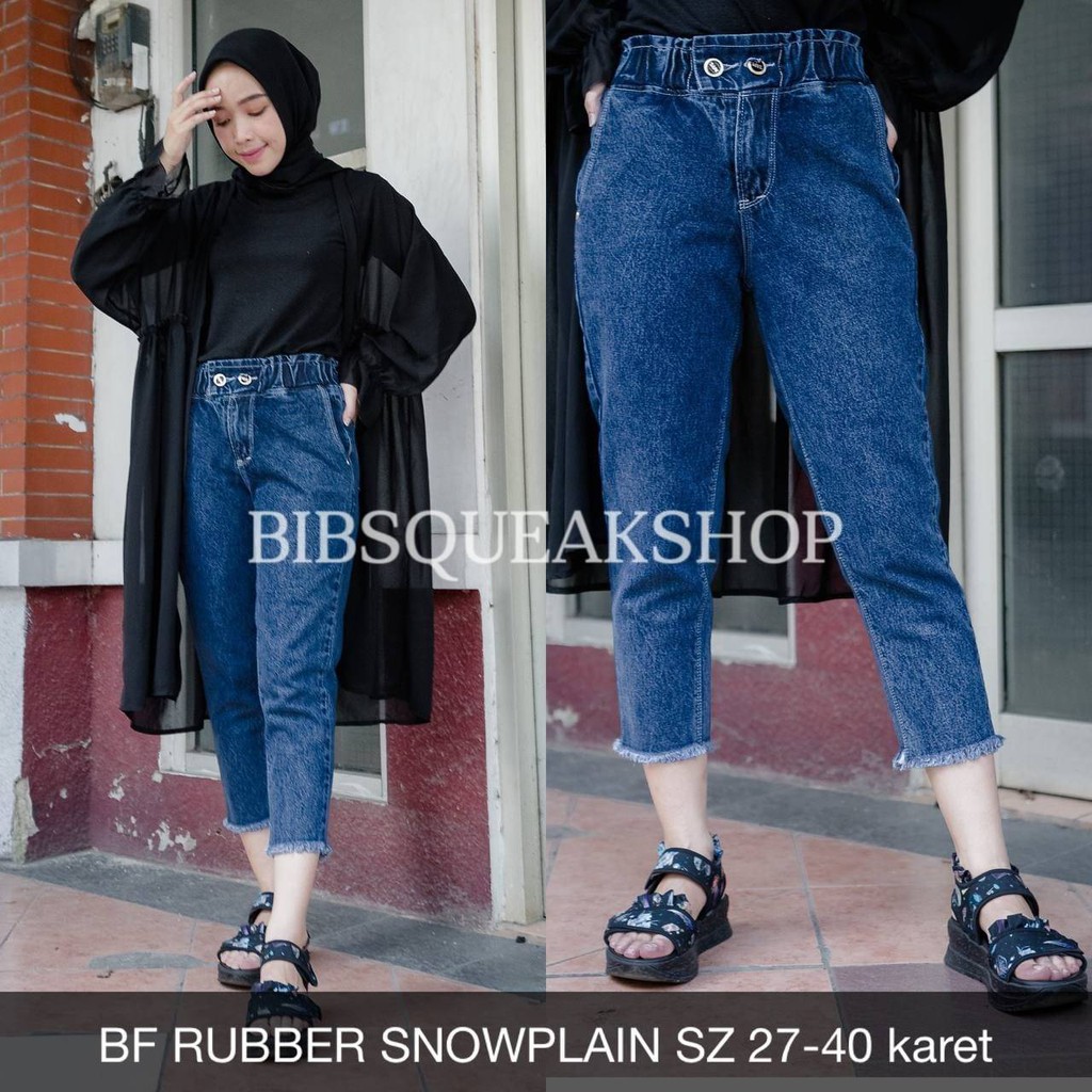 CELANA JEANS WANITA BF RUBBER SNOWPLAIN SZ 27-40 karet