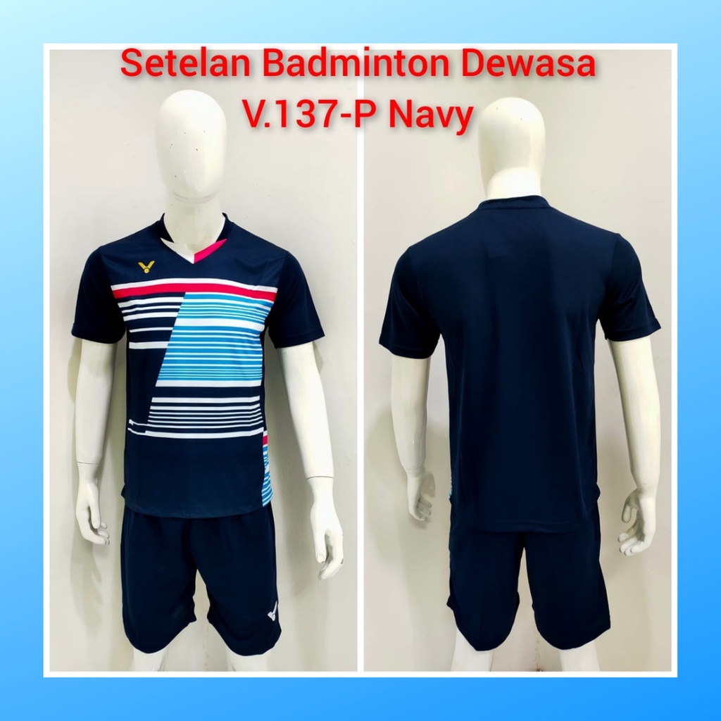 Kaos bulutangkis pria baju badminton dan celana jersey setelan wanita dewasa t-shirt outfit seragam jarsey kostum olahraga pakaian apparel sport jersy bulu tangkis casual jersi sudirman cup suit V137 navy polos