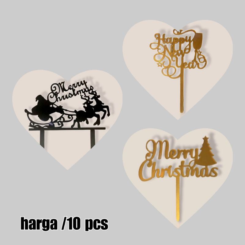 GROSIR Topper Hiasan Kue Hapyy New Year / Merry Christmas termurah 10pcs