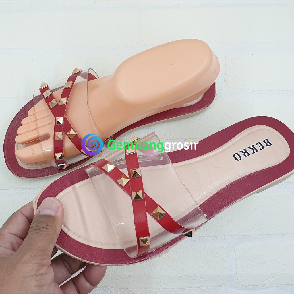 Sandal Wanita Slop Flat Size 36 - 40 MERAH - Sendal Selop Transparan - Sandal Flat Wanita OpenToe SALE