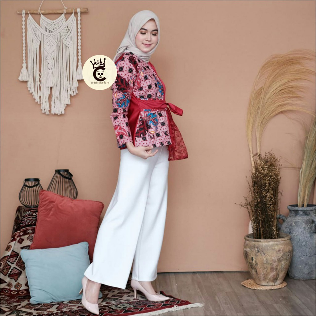 Atasan Blouse Batik Wanita Kerja- Blus Batik-Fashion Wanita Modern Kombinasi Brokat Tile  Velvet-3