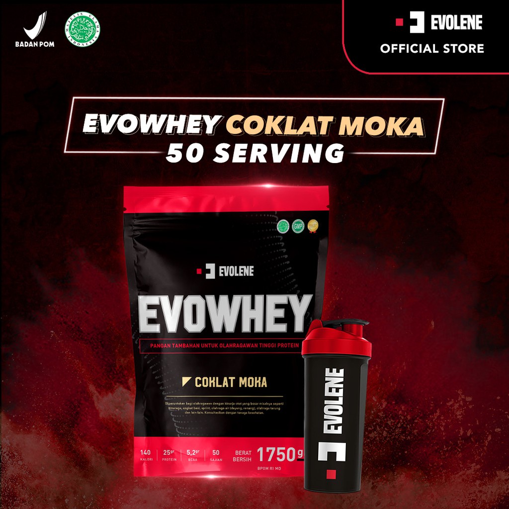 Evowhey Coklat Moka 50 sachet + Free Shaker - Suplemen fitness pembentuk Otot - Defisit kalori - Susu Protein - Suplemen Fitness - Minuman Protein - Suplemen Workout Evolene Evoline Evolen