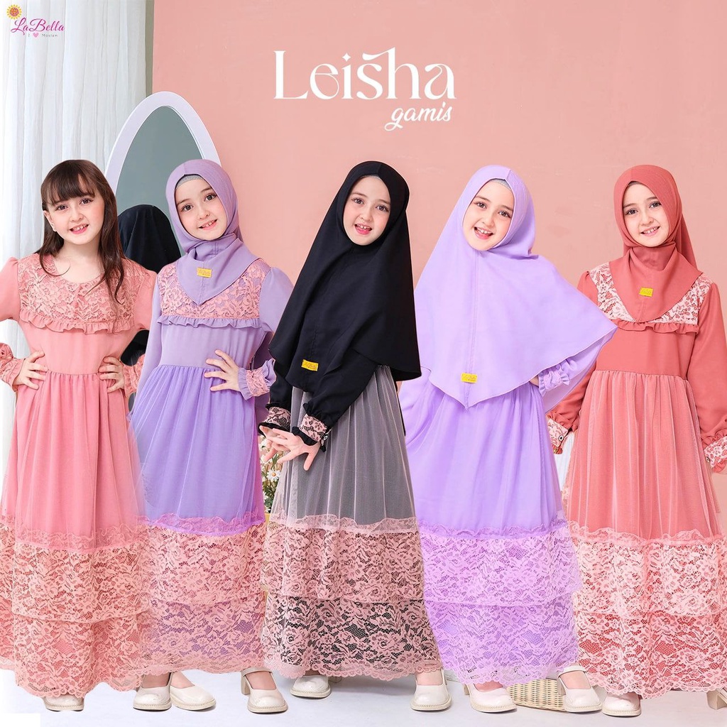 Labella LEISHA Gamis Tutu Campur Brokat Untuk Anak Perempuan Set Jilbab Umur 6 7 8 9 10 11 12 13 Tah