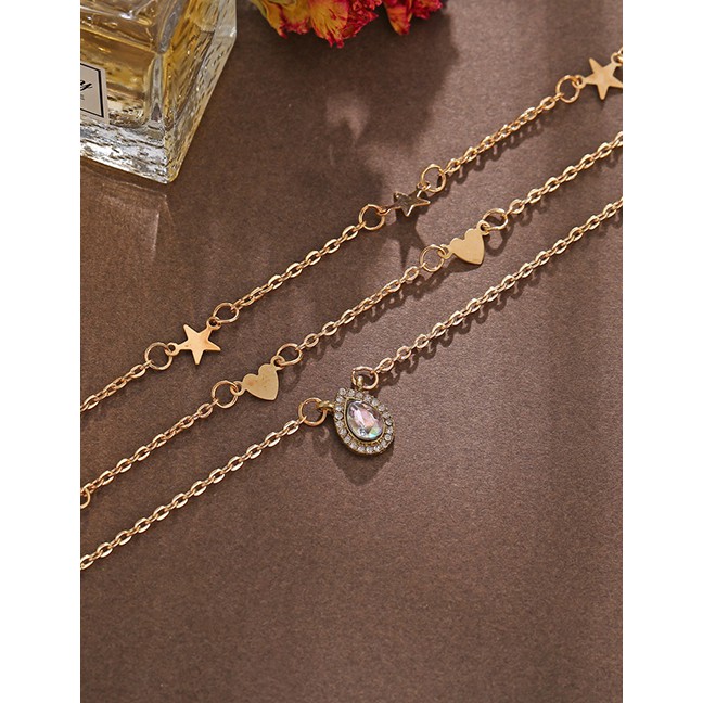 LRC Anting Kalung Fashion Golden Five-pointed Star Drop-shaped Diamond Love Multi-layer Necklace