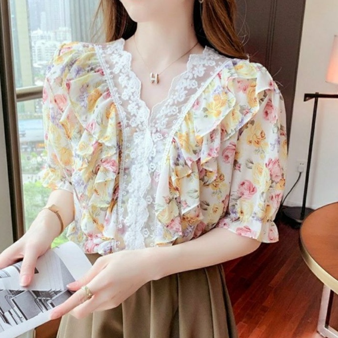 2422 Baju Atasan blouse kemeja lengan pendek bunga sifon Korean style import wanita Baju Atasan keme