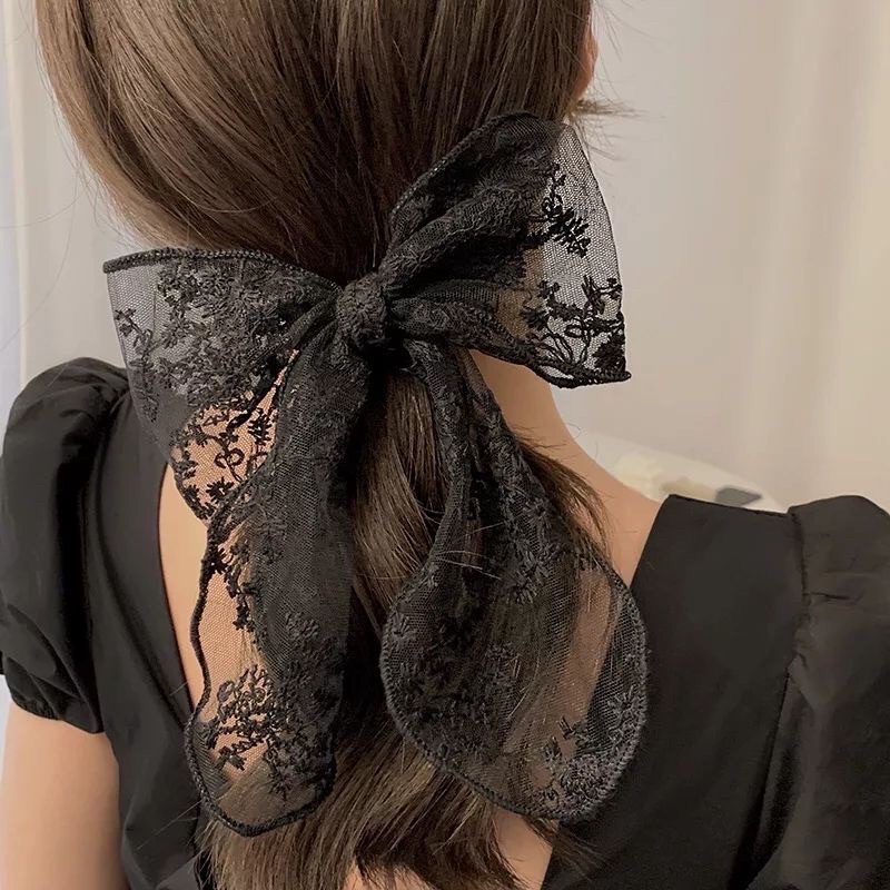 Hairpin Lace Flower Big Bow Women Girls Cute Hairpins Hair Rope Ribbon Clip Ornament Fashion Headband Black Accessory Embroidery Flowers Net Aksesoris Rambut &quot;WD001&quot; Ikat Pita Iketan Hitam Kunciran Kuncir Cute Murah