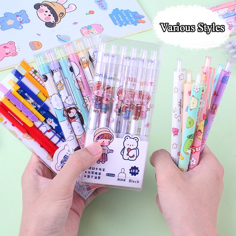 6pcs / Kotak Pulpen Gel 0.5mm Model Tekan Untuk Stationery Sekolah