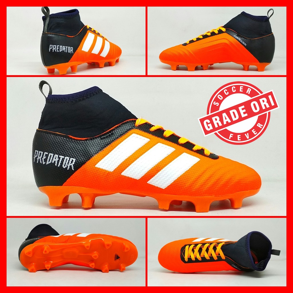 Sepatu Sepak Bola Anak Adidas Predator Orange Hitam List Putih Boot Kids