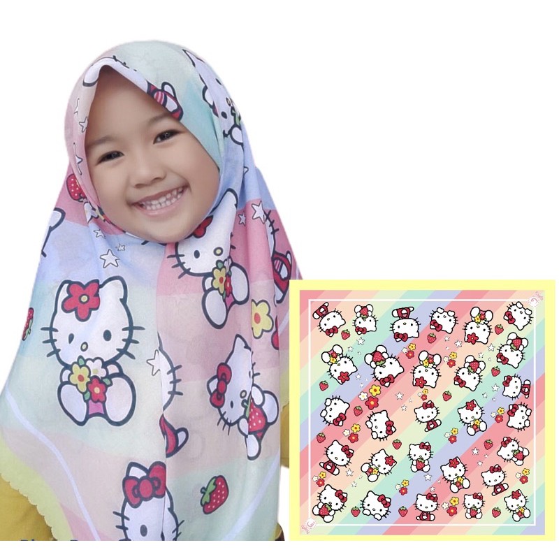 VOAL PRINTING ANAK MOTIF HELLOKITTY RAINBOW / HIJAB ANAK LUCU / JILBAB ANAK KARAKTER