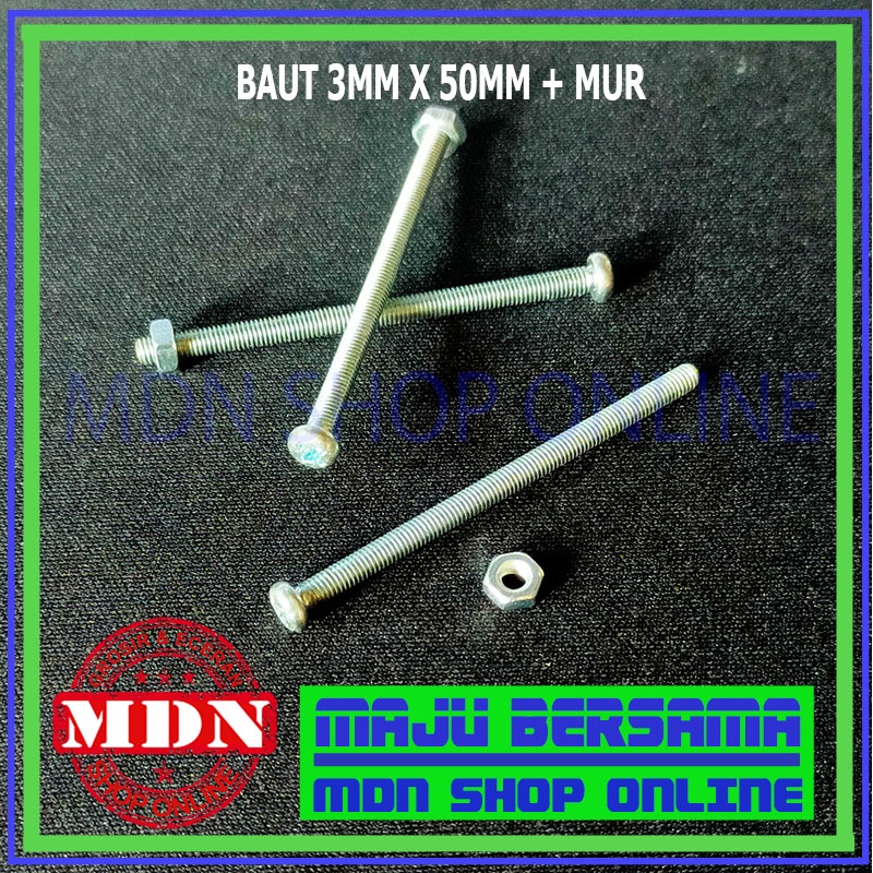 Baut 3mm x 50mm + mur sepasang