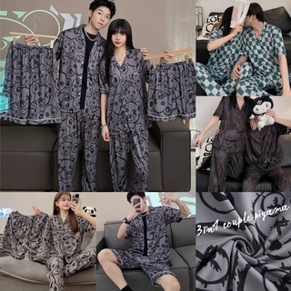 Setelan Piyama Baju Tidur Couple 3in1 krah kancing Lengan Pendek Import Premium Set