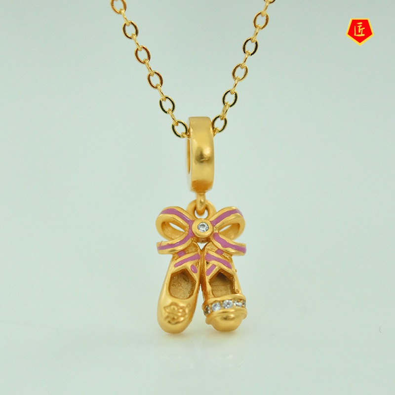 [Ready Stock]Fashion Creative Ballet Shoes Jeweled Pendant Pink Bow Gold Necklace Lucky Beads