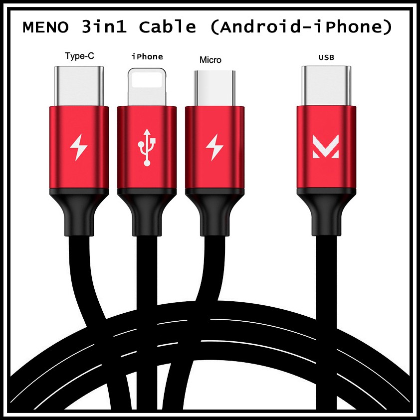 MENO Kabel 3in1 UNIVERSAL Android iPhone Charger HP USB Lightning C Xiaomi Samsung oppo vivo asus