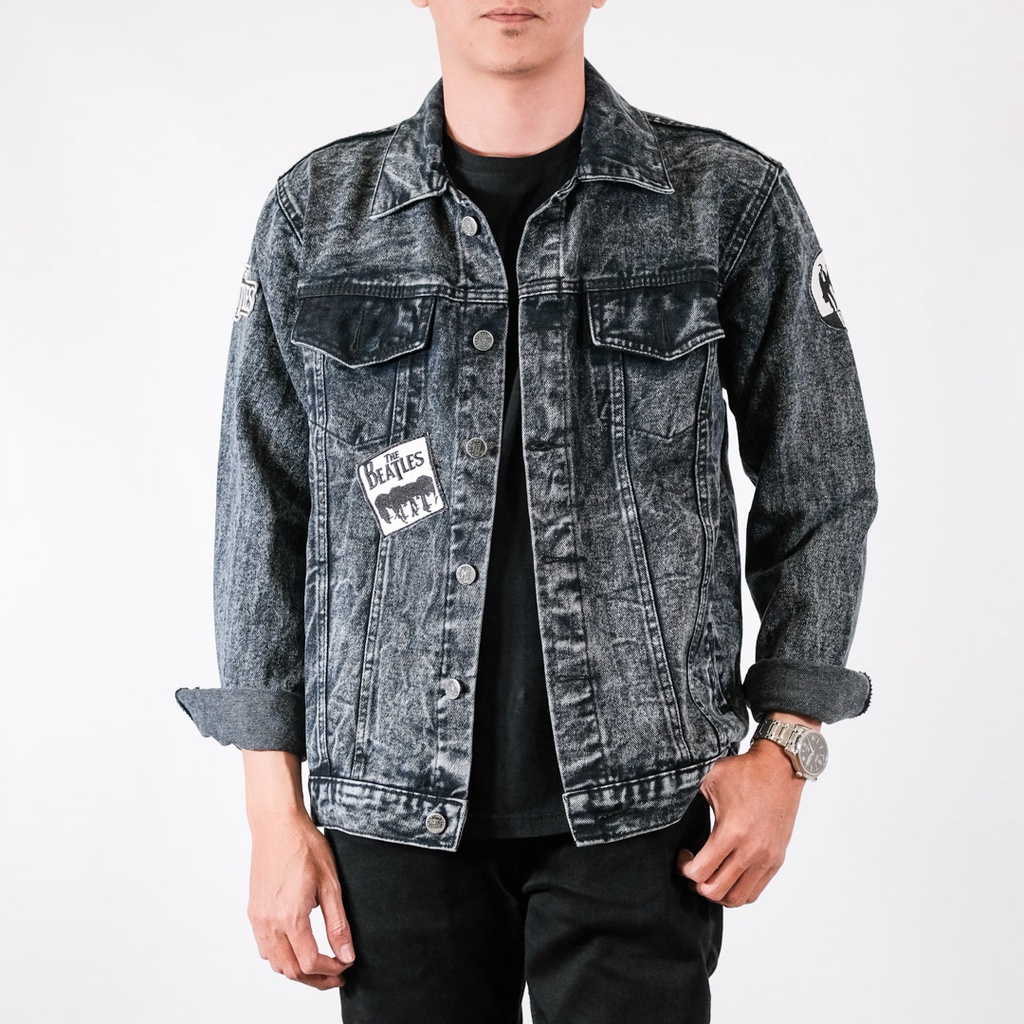 JAKET JEANS DENIM BLACK SANDWASH PATCH - THE BEATLES