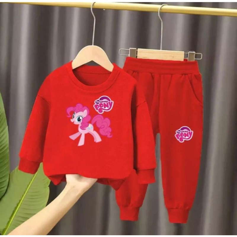 SETELAN SWEATER BEBY TERRY ANAK PEREMPUAN MOTIF PONY 1-6 TAHUN TERMURAH