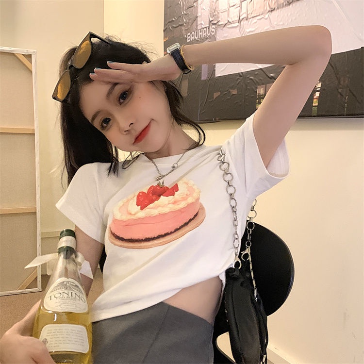 T-shirt pacar mahasiswa pendek rasa krim kue dicetak musim panas atasan longgar lengan pendek wanita