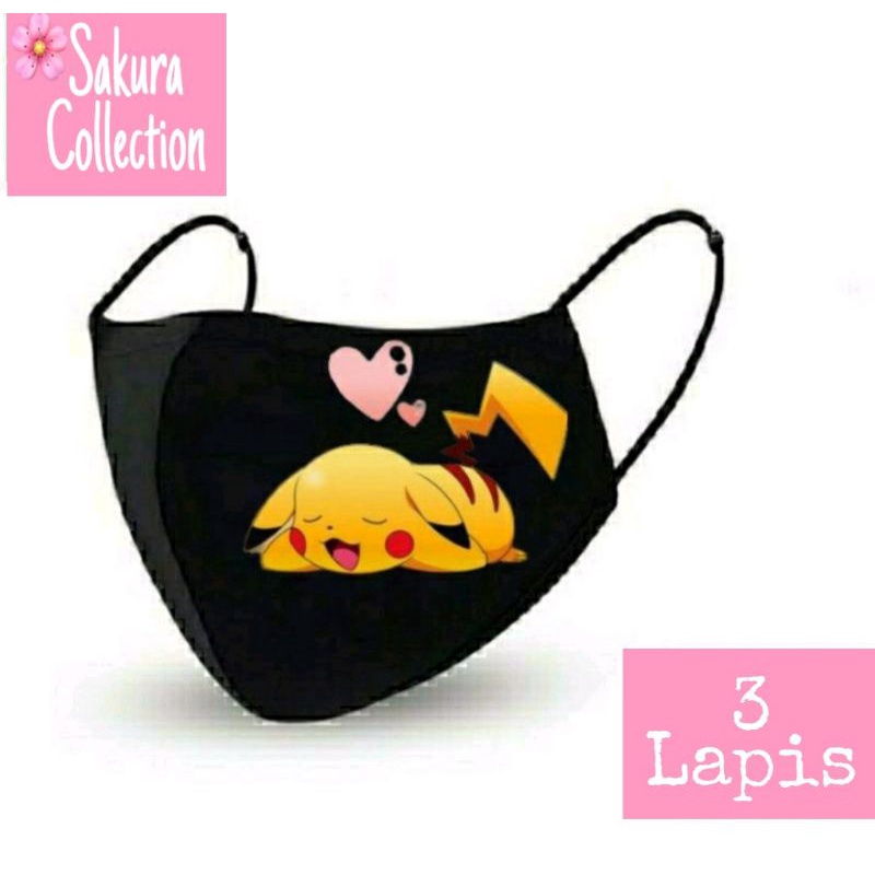 Masker Pokemon Pikachu Kain 3ply lapis - Scuba Anak Dewasa - Earloop