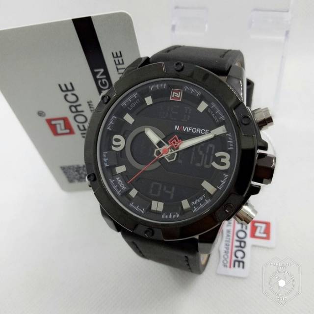 Jam Tangan Keren Elegant Pria Naviforce NV 9097 Leather Full Black Original