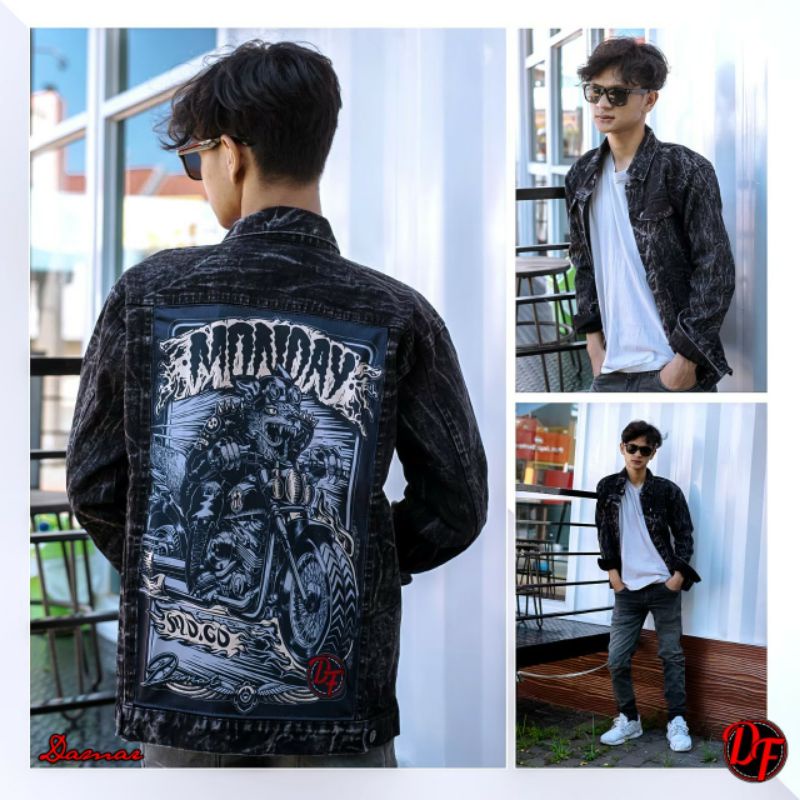 BAYAR DI TEMPAT !!!JAKET JEANS SANDWASH PRINTING PRIA // JAKET JEANS GAMBAR BELAKANG