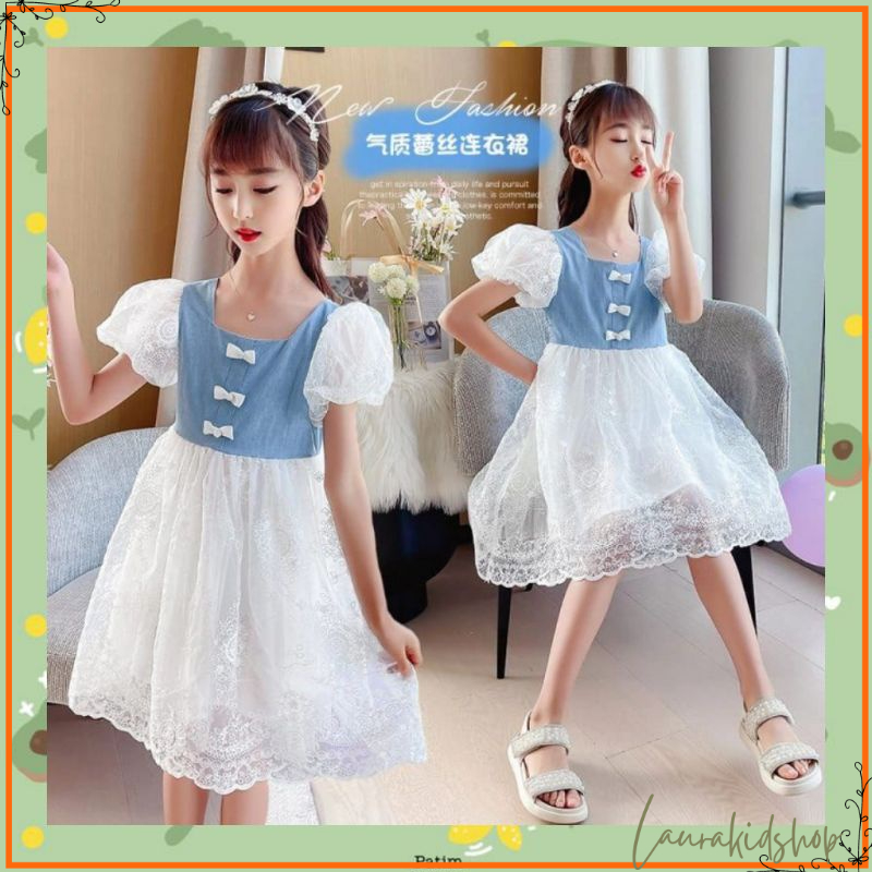 Dress Pesta Anak Perempuan Import Premium three ribon denim  2-9 Tahun