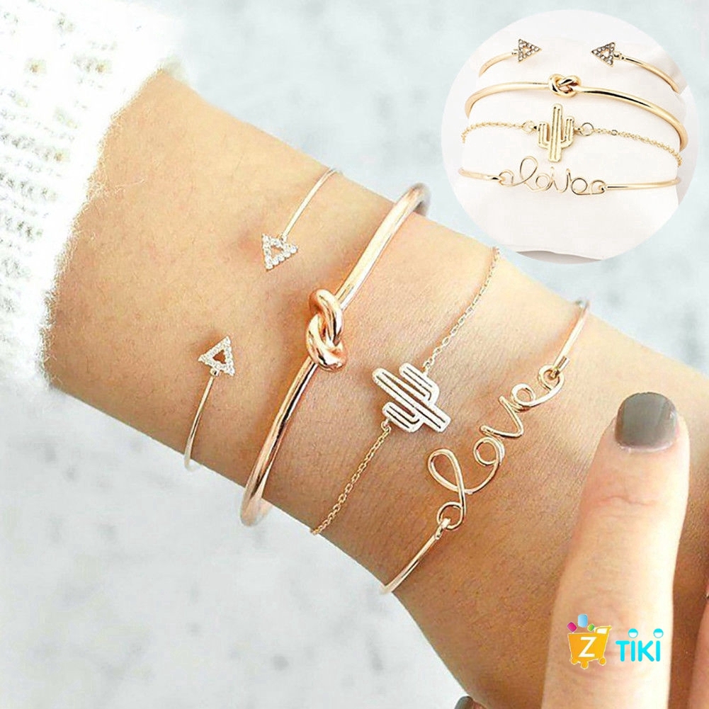 COD（TiKi）4Pcs/Set Gelang Women Gilr Gold Triangle Knot Love Cactus Opening Bangle Chain Bracelet