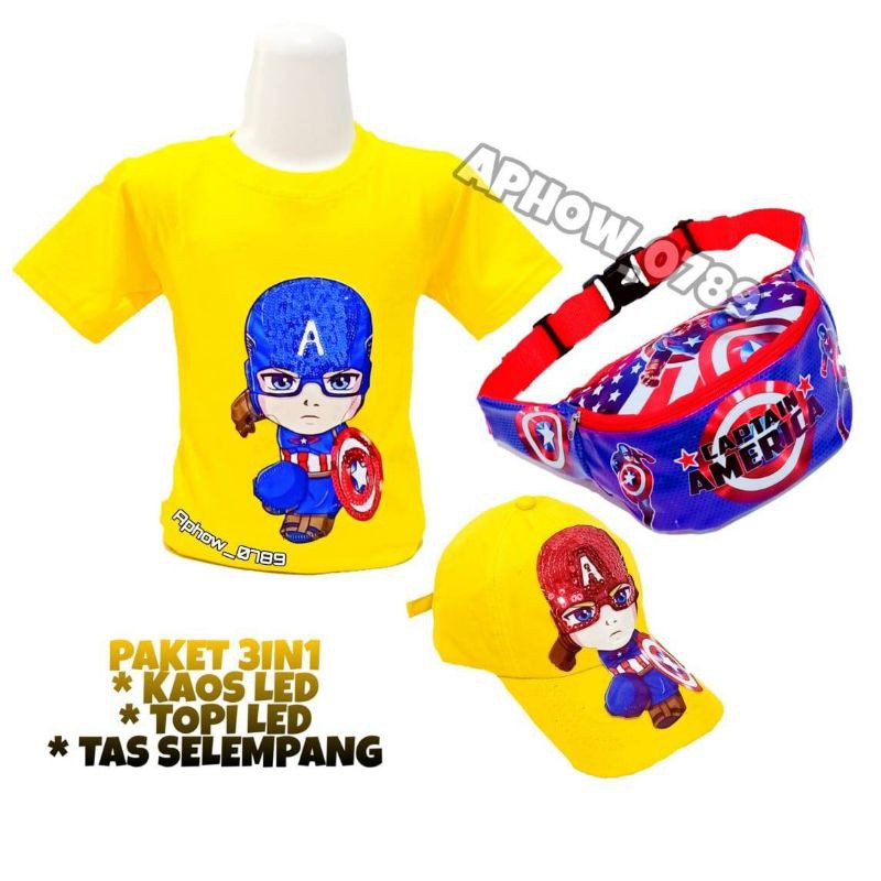 PAKET MURAH 3IN1 KAOS ANAK KARAKTER LED / TAS WAISTBAG /TOPI LED