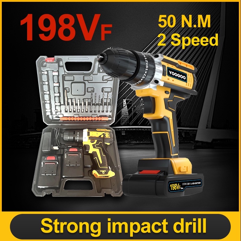 198VF Mesin Bor Impact Drill / Bor Listrik/Bor baterai /Beton Besi Kayu Full Set Pilihan Bor Tanpa Kabel with 2 baterai Hadiah Sarung Tangan Gratis