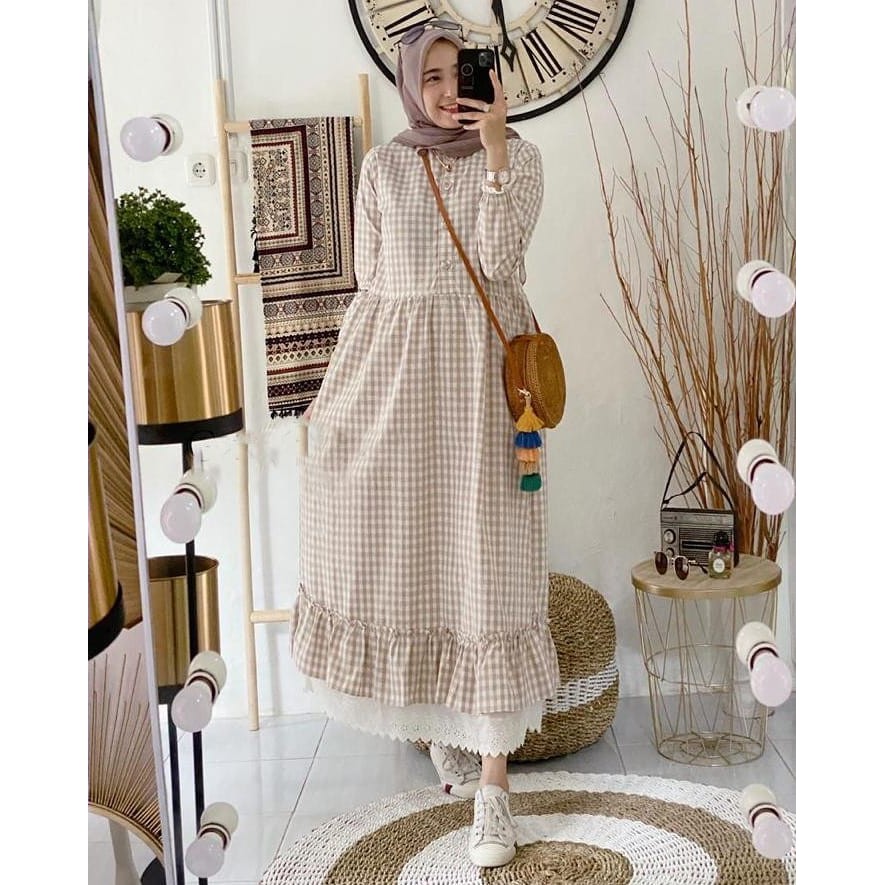 ZELINE MAXI / Mat Katun Kotak, aplikasi renda, kancing / Dress/ Tunik / Gamis Wanita Terbaru / Fashi