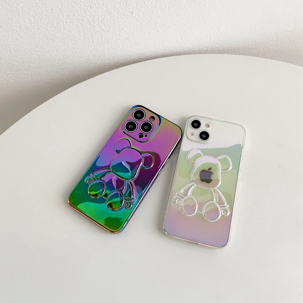 Soft case Silikon Transparan Motif Beruang 3D Warna Gradasi Laser Untuk iPhone 11 Pro MAX 12 13 Pro MAX