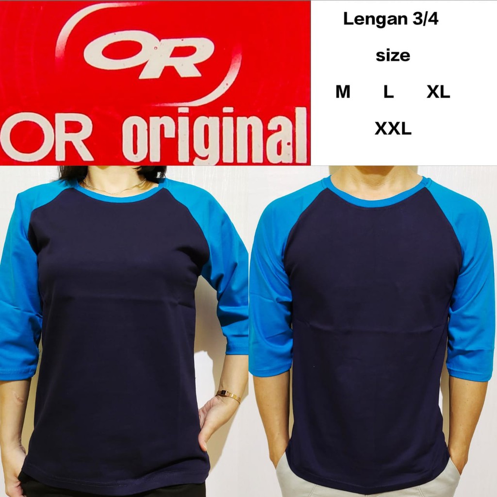 kaos polos raglan biru Dongker/navy lengan biru turkis 3/4 M L XL XXL