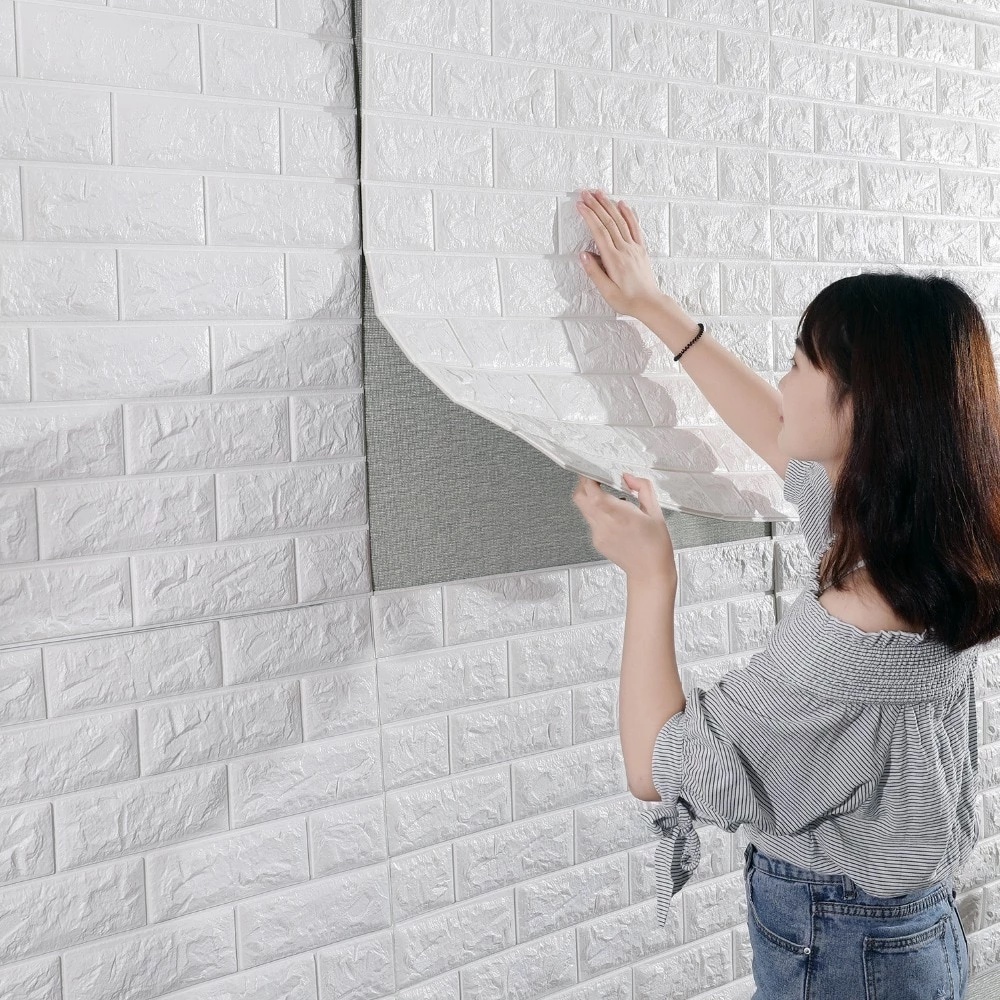 BATA FOAM PUTIH 3D BRICK FOAM WALLPAPER STICKER UK PANJANG 70 CM WATERPROFF RINGAN