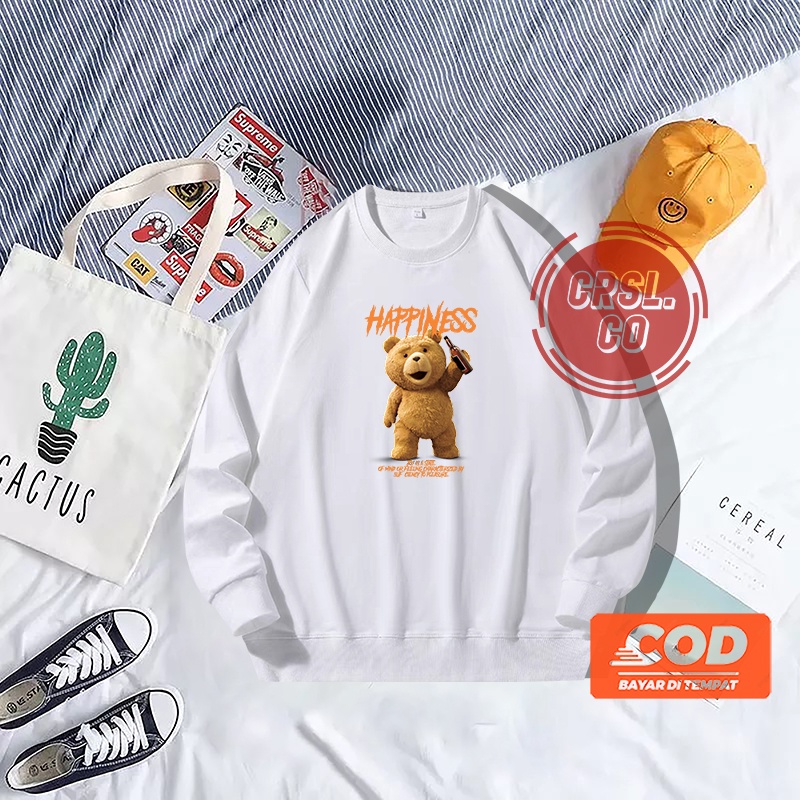 HOODIE SWEATER CREWNECK TEDDY BEAR HYAPPINESS CREAM KUALITAS DISTRO CASUAL MURAH TEBAL NYAMAN DI PAKAI COD