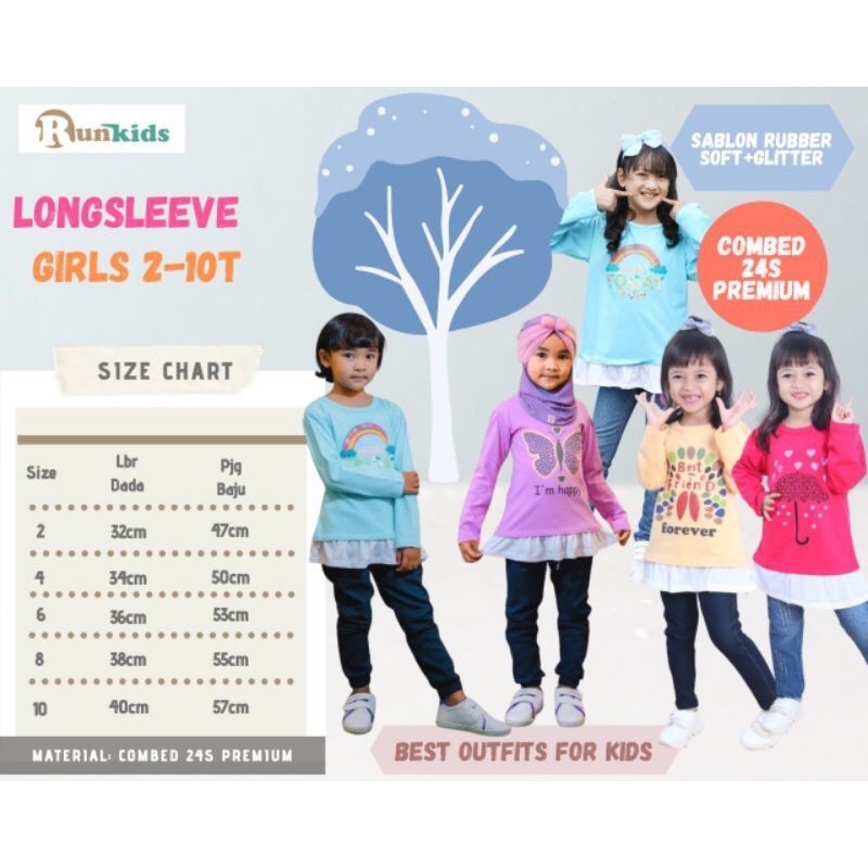 Longsleeve Girls Runkids 2-10 Tahun kaos lengan panjang anak perempuan